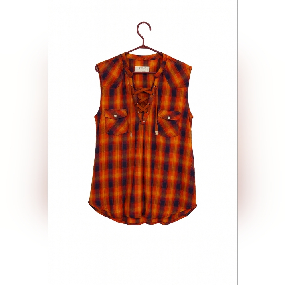 Panhandle Slim Lace-Up Western Plaid Sleeveless Top – Size L